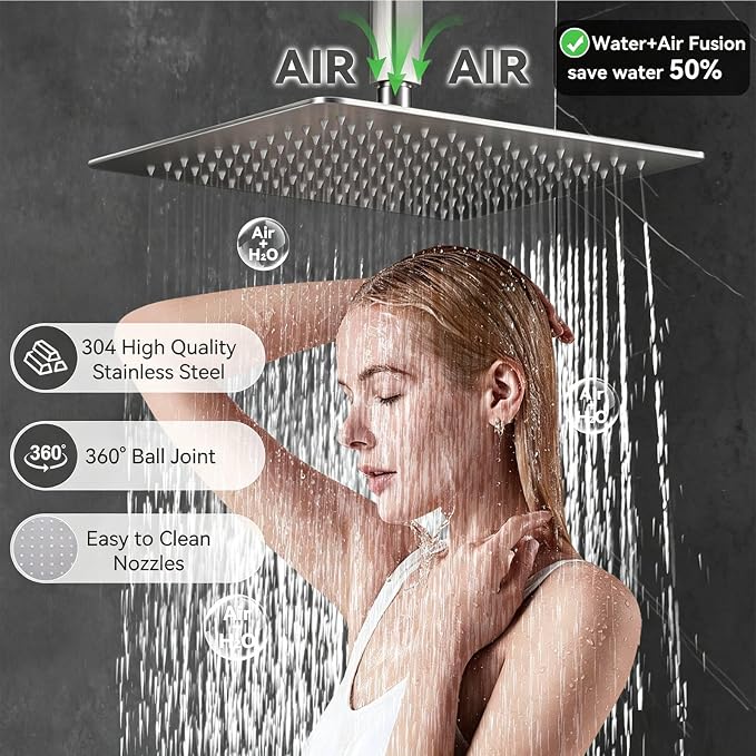 Shower System Brushed Nickel Dual Shower Head with Body Jets, Oupukle Four Modes Shower Faucet Set Wall Mounted 12" & 6" Rain Shower Head with 6PCS Body Jets