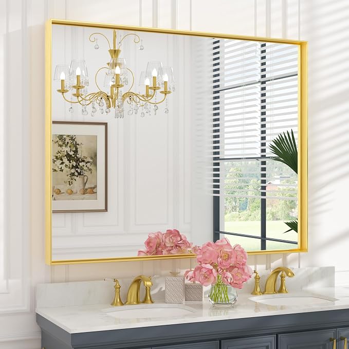 Keonjinn 48x40 Inch Gold Bathroom Mirror for Over Sink, Modern Farmhouse | HD Tempered Glass, Vanity Mirror, Brushed Framed, Square Corner, Rectangular, Wall Mounted Mirrors, Aluminum Alloy