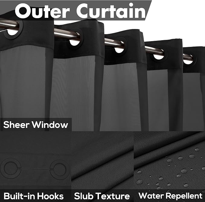 River Dream No Hook Shower Curtain with Snap-in Liner Set, Black, 71x74 | Snap on/off Waterproof PEVA Liner, See Through Top Window, Slub Textured, Hotel Style Shower Curtain Set, Standard Size