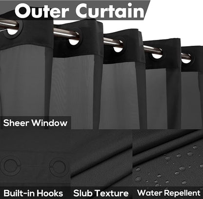Extra Long No Hook Slub Textured Shower Curtain with Snap-in PEVA Liner Set - 71" x 98"(96"), Hotel Style with See Through Top Window, Black Fabric Curtain & Waterproof Liner, Black, 71x98 | 71W x 98H, Snap on/off Waterproof PEVA Liner, See Through Top...