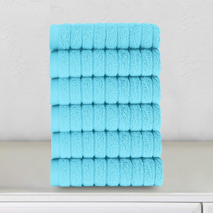 Elegant Comfort 100% Turkish Cotton Corduroy Ribbed Luxury Washcloths 6 Pack Soft 13 x 13 Inch - Higly Absorbent, Durable, Quick Dry, Spa Premium Hotel Quality for Bathroom or Travel, Aqua