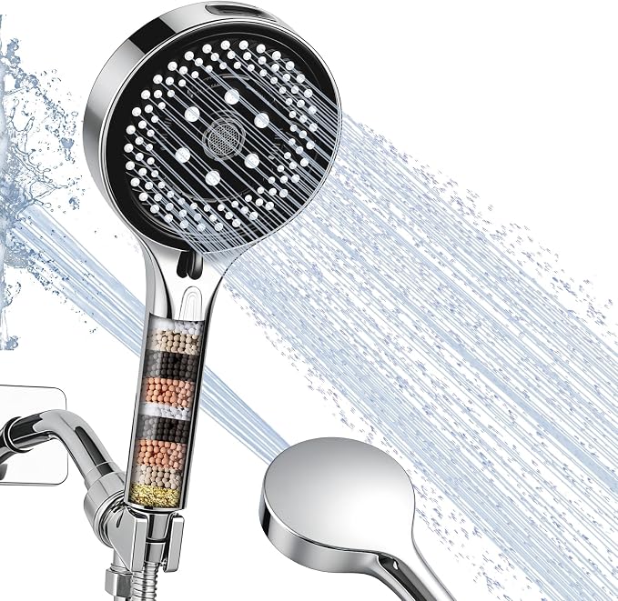 Filtered Handheld Shower Head, High Pressure Chrome | 7 spray modes, 5.24" wide coverage, 59" SS hose, adjustable holder, built-in filter, G1/2" universal fit, tool-free install