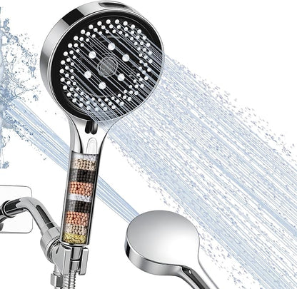 Filtered Handheld Shower Head, High Pressure Chrome | 7 spray modes, 5.24" wide coverage, 59" SS hose, adjustable holder, built-in filter, G1/2" universal fit, tool-free install