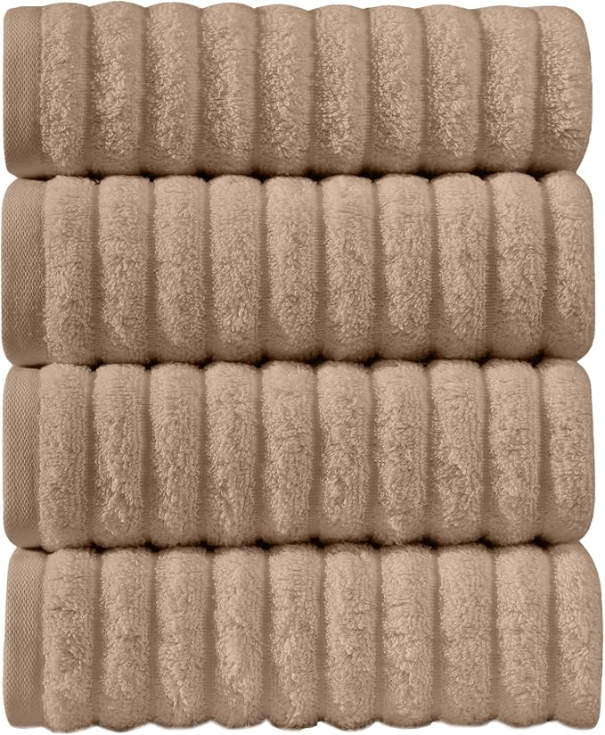 Elegant Comfort Luxury 100% Turkish Cotton Corduroy Ribbed 4 Pack Hand Towel Set 16 x 28 Inch - Absorbent, Super Soft, Quick Dry, Premium Towels for Bathroom, Gym, Spa and Hotel Use, Taupe