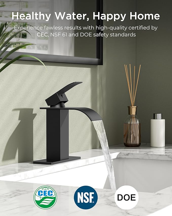 FORIOUS Bathroom Faucet 1 Hole, Waterfall Vanity Sink Faucet Matte Black | Bathroom Sink Faucet 1 or 3 Hole, Square Single Handle with 24" cUPC Supply Line and Pop-up Drain, Fits RV Restroom Basin