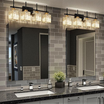 Torondo Modern Crystal Bathroom Vanity Light 4-Lights Gold Bathroom Light Fixtures Over Mirror Black and Gold Vanity Lighting Fixtures Gold Square Shade Brass Wall Sconce (Bulbs Not Include)