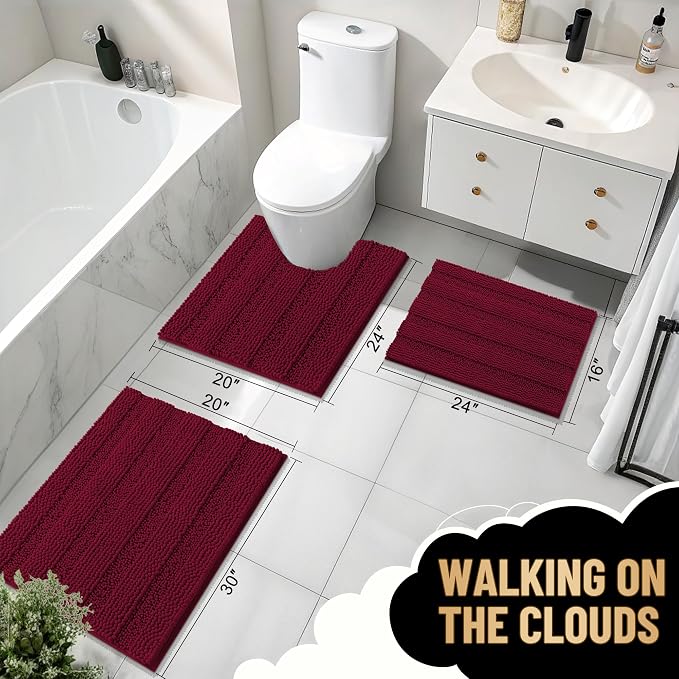OLANLY Thick Bathroom Runner Rugs 70x24, Soft Chenille Bath Rugs, Burgundy | Absorbent Striped, Rubber Backing, Machine Wash, Long Bath Mats for Bathroom Floor, Tub and Shower, Home Decor Accessories