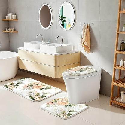 Flower Bathroom Set with Shower Curtains and Rugs | 120gsm Bathroom Curtain Set with Brushed Metal Hooks