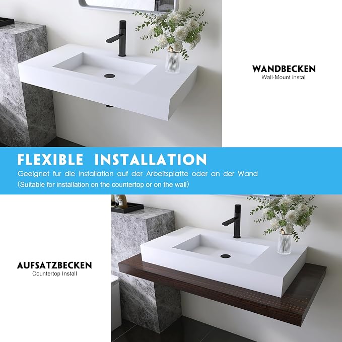 35'' Wall Mount Sink, Artificial Stone Bathroom Sink, Single Hole | Matte Bathroom Vanity Vessel Sinks, Rectanglee Indoor Modern Floating or Countertop Freestanding Wall Hang Sink Bowl