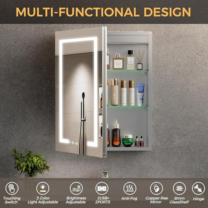 16 * 24 Smart LED Lighted Bathroom Medicine Cabinet Mirror with Touch Control, 3-Color Temperature, Stepless Dimming, 1-Hour Auto-Off – Ideal for Modern Bathrooms and Makeup Routines