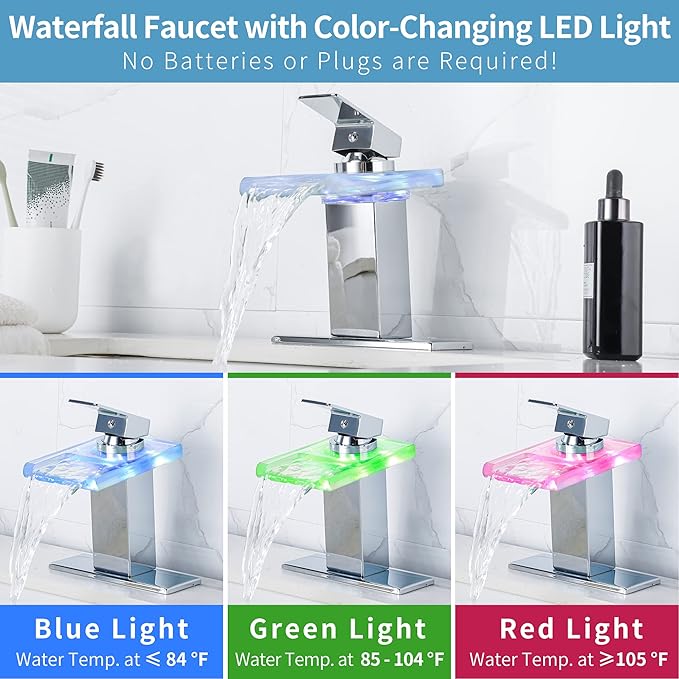 LED Bathroom Sink Faucet - Chrome Single Hole or 4 Inch Centerset Waterfall Faucet with Glass Spout and Temperature-Sensitive LED Lights, Includes Deck Plate