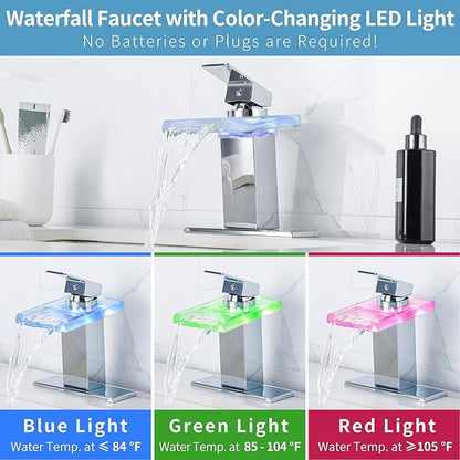 LED Bathroom Sink Faucet - Chrome Single Hole or 4 Inch Centerset Waterfall Faucet with Glass Spout and Temperature-Sensitive LED Lights, Includes Deck Plate