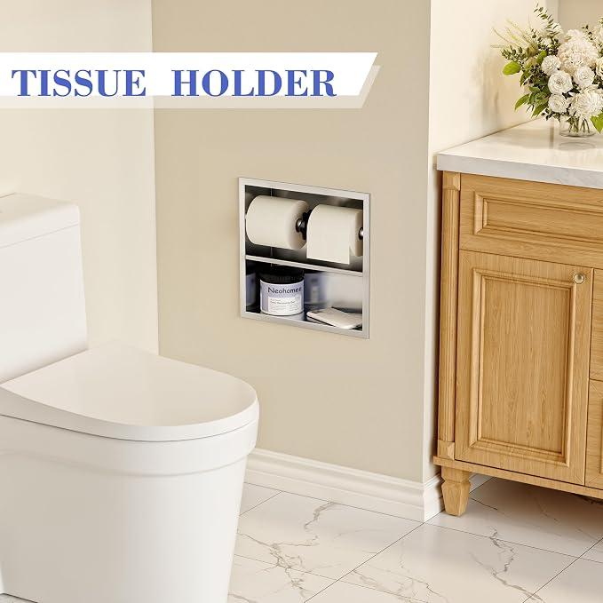 Neodrain Brushed Recessed Toilet Paper Holder,Double Layer,Wet Tissue | Space-Saving Wall Niche Cabinet Storage, Rustproof & Durable,For Bathroom, Kitchen & Vanity