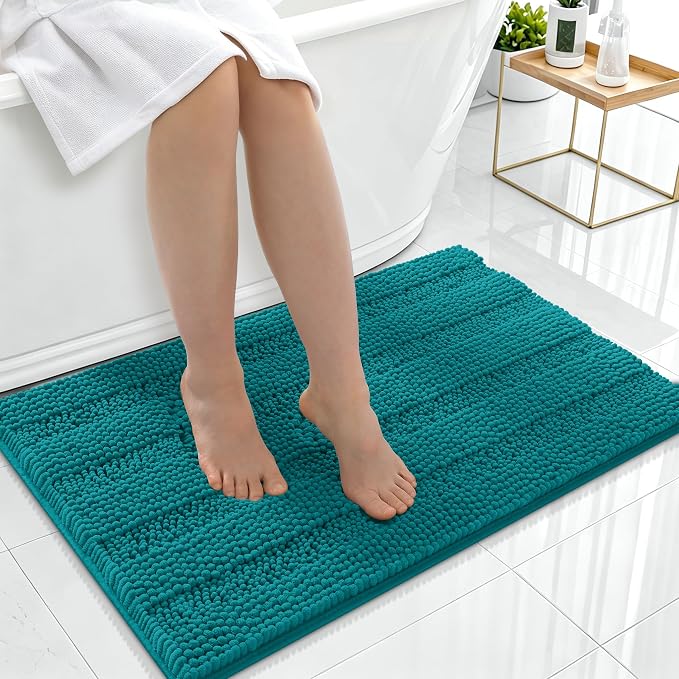 Smiry Thick Chenille Bathroom Rugs 36x24, Absorbent Bath Mat, Deep Lake | Quick‑Dry & Machine Washable, Non‑Slip Bath Carpet, Soft Striped Bath Rugs for Tub & Shower, Modern Home Decor Accessories