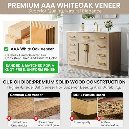 48-Inch Bathroom Vanity with Sink W/ 2 Doors & 8 Drawers & 1 Flip Drawer, Oak Vanity W/Brushed Gold Handles