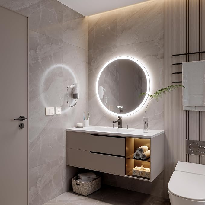 32inches Round LED Mirror,samrt Mirror for Bathroom,Light,Anti- Fog,3 Colors Dimmable,Front and Backlit,CRI90+,Touch Button