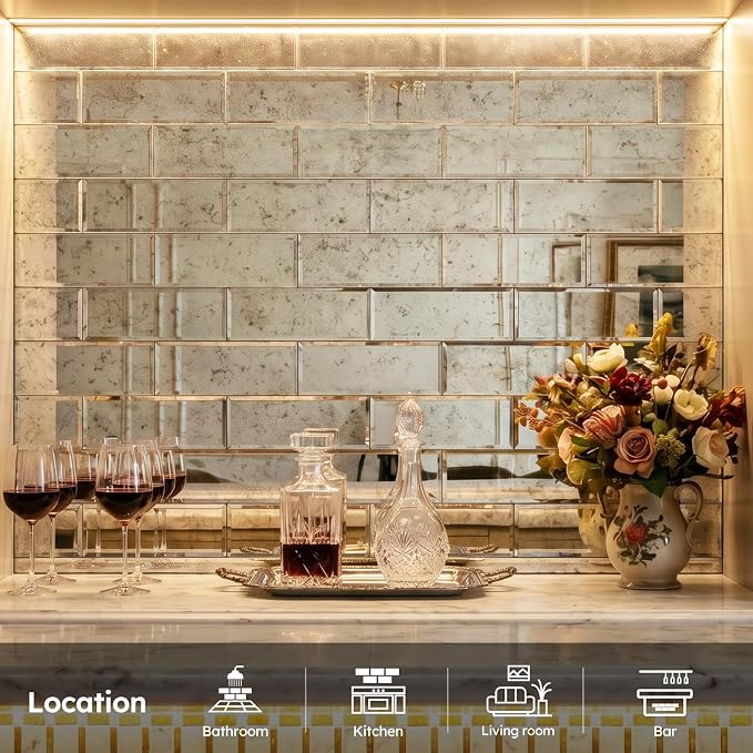 Peel and Stick Mirror Backsplash, Light Antique, 3x10 Inch, Beveled Mirror Subway Kitchen Bar Wall Tile (5 Sq.ft, 24 Pcs)