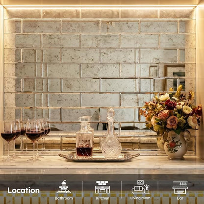 Peel and Stick Mirror Backsplash, Light Antique, 3x10 Inch, Beveled Mirror Subway Kitchen Bar Wall Tile (5 Sq.ft, 24 Pcs)