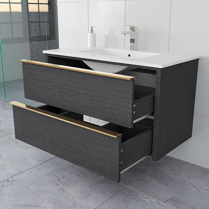 36 Inch Bathroom Vanity with Sink, Floating Vanity Bathroom, Modern Wall Mount Bathroom Cabinet, Double Drawers, Gold Handle, Suitable for All Kinds of bathrooms (Without Sink, 36")