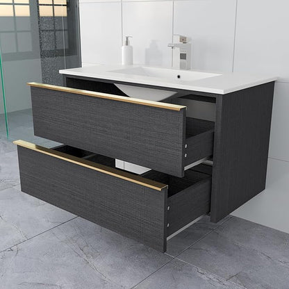 36 Inch Bathroom Vanity with Sink, Floating Vanity Bathroom, Modern Wall Mount Bathroom Cabinet, Double Drawers, Gold Handle, Suitable for All Kinds of bathrooms (Without Sink, 36")