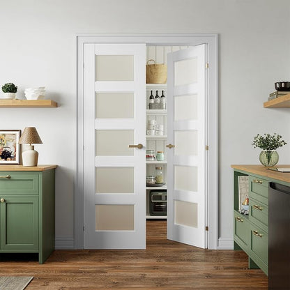 SMARTSTANDARD 48" x 80" Frosted Glass Pantry Door, Solid Core Slab Door | Pre-Assembled 5-Panel without Hardware, French Interior Door for Pantry Pocket, White Primed