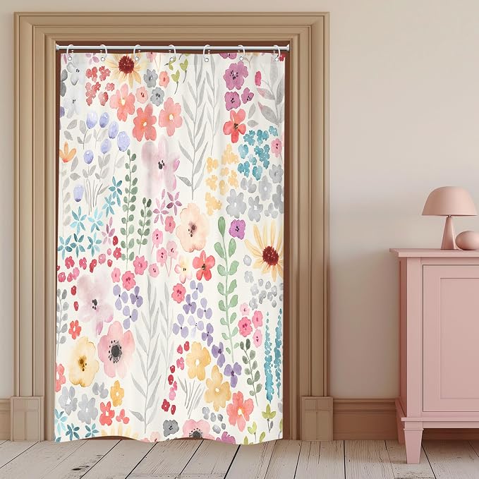 Small Stall Narrow Floral Watercolor Cute Girly Bathroom Shower Curtain Set | 48"W x 72"H Plants Boho; waterproof HD print, quick-dry fabric with 12 hooks for easy hanging.