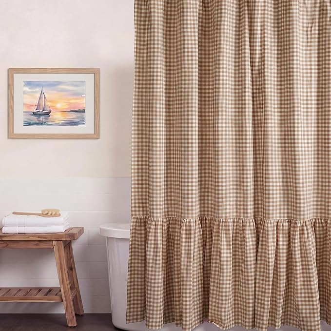HunnmingRe Ruffle Hem Gingham Shower Curtain Taupe | 72'' x 72'' Vintage Farmhouse Curtain, Cotton Cottage Core Rural Checkered Plaid Decor, Fall Shower Curtain for Bathroom