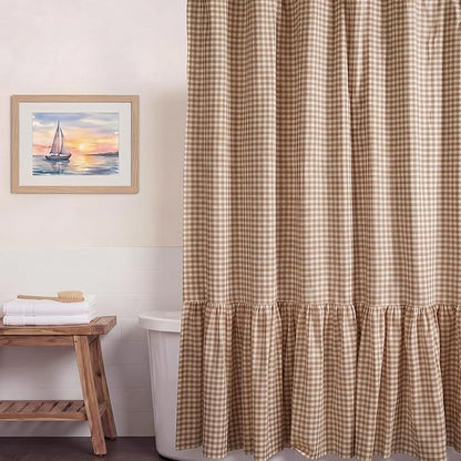 HunnmingRe Ruffle Hem Gingham Shower Curtain Taupe | 72'' x 72'' Vintage Farmhouse Curtain, Cotton Cottage Core Rural Checkered Plaid Decor, Fall Shower Curtain for Bathroom