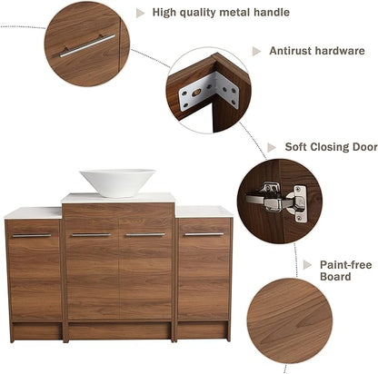 48" Bathroom Vanity, 48 Inch Freestanding Vanity with Ceramic Vessel Sink, Modern Single Sink Bathroom Vanity Combo, Brown Floor Standing Storage Cabinet Set with Soft-closing Design (BRE217, 48*18)