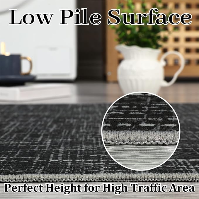 Garvee 10x13 Textured Rug for Kids Room Machine Washable Area Rugs Modern Solid Color Living Room Rug with Non Slip Backing, Stain Resistant Non Shedding Carpet for Bedroom Dining Room, Black | Modern Textured Non Slip Backing Low Pile Non Shedding Sta...