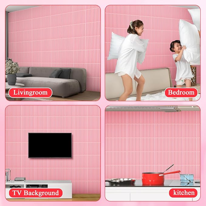 Nuanchu 32 Pcs 3D Wall Panels, 12"x12" PVC Fluted Tiles, Pink | Waterproof Accent Panels, Paintable Wall Tiles, for TV Background, Bedroom, Bathroom, Gaming Room, Cuttable Home DIY Decor