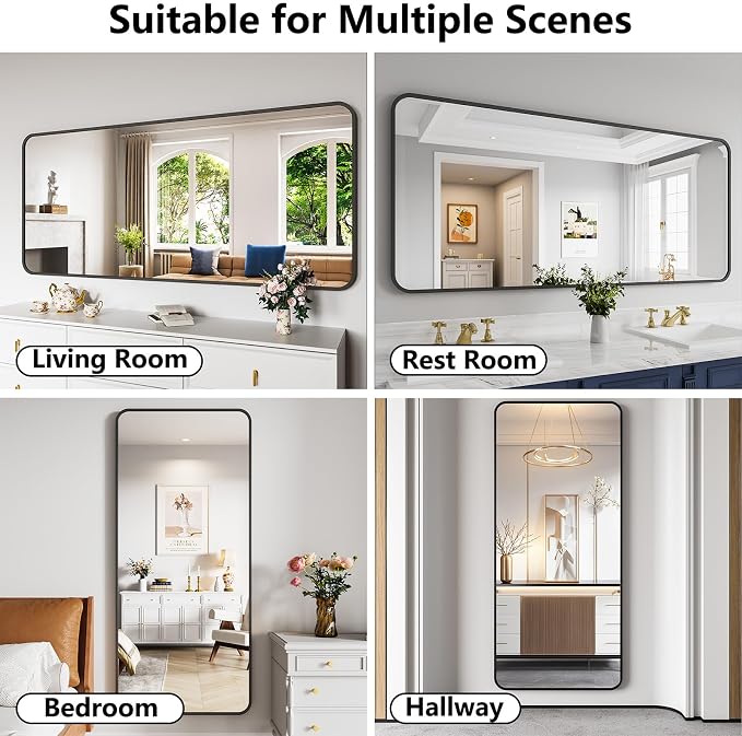 Koonmi Bathroom Mirror, 32X72 Brushed Black Rectangle Wall Mirror, HD Tempered Glass, Anti-Rust Frame Vanity Mirror, Rounded Rectangle Mirror for Restroom, Bedroom, Hangs Horizontal or Vertical