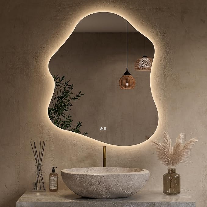 Keonjinn Irregular Backlit Bathroom Mirror 30 x 36 Inch, HD Tempered Glass | Asymmetrical Cloud Bathroom Mirror with Lights, 3 Color Lights, Dimmable, Fast Anti-Fog, Memory Function, Horizontal/Vertical
