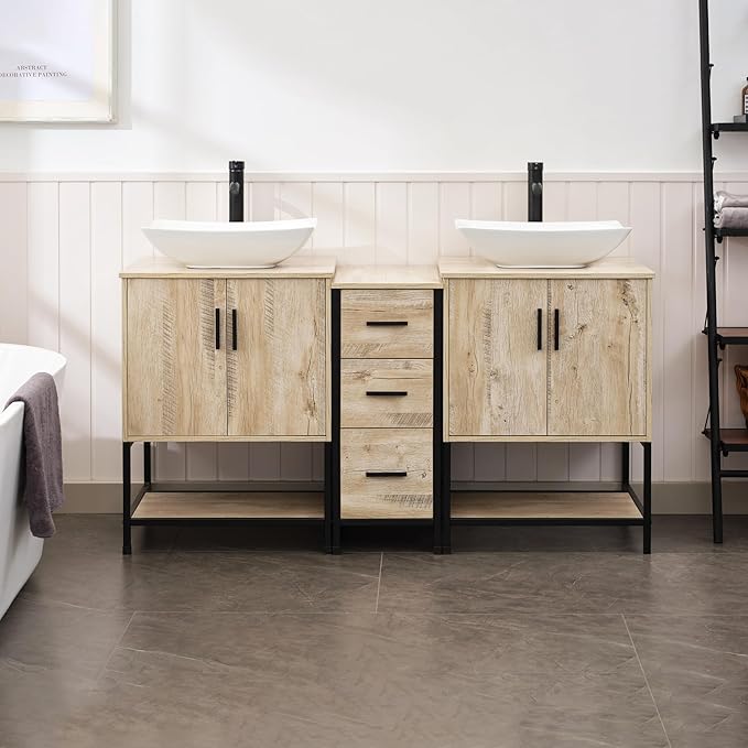 UEV Rustic Oak 60" Double Bathroom Vanity with Sink Combo,Industrial Iron Frame 2 Main Bathroom Vanity with Middle 3 Drawers Cabinet,Modern Artistic Ceramic Vessel Sink(032WH)