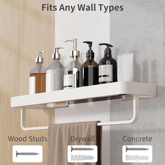 20 Inch Long Floating Bathroom Shelf with Towel Bar, Clear Tempered Glass Wall Shelf for Bathroom Storage Organizer, Matte White