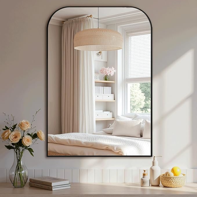 40"x28" Black Metal Framed Bathroom Mirror for Over Sink | Rounded rectangle shape. Shatterproof HD glass, all mounting hardware for bathroom, bedroom, entryway.