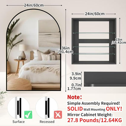 Arched Medicine Cabinet with Mirror,Bathroom Medicine Cabinet with Mirror Wall Mounted,Mirrored Medicine Cabinets with Adjustable Shelves,Not Recessed,24x36 Inch,Black