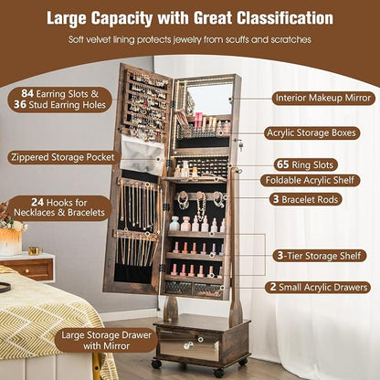 CHARMAID Rolling Jewelry Armoire with Full Length Mirror, Lockable Standing Jewelry Cabinet Organizer with Wheels & 3-Color Lights, Mirror with Jewelry Storage, Drawers & Shelves (Rustic Brown)