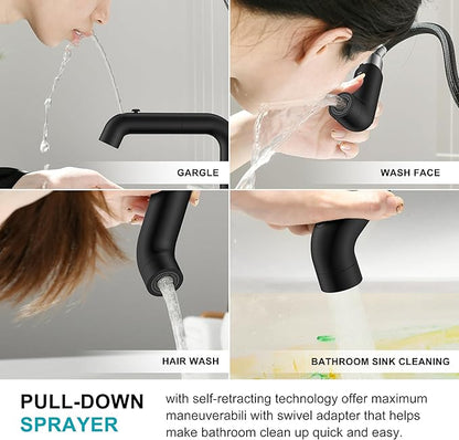 KENES Matte Black Centerset Bathroom Faucet with Pull Down Sprayer, 4 Inch 2 Handle Pull Out Bathroom Faucet 3 Hole, Bathroom Sink Faucet with Pop Up Drain & Supply Lines LJ-9059A-2