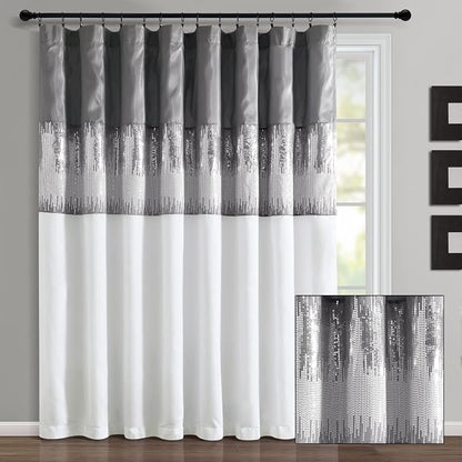 Lush Decor Night Sky Window Curtain Panel, Single 100"W x 84"L Gray & White - Sequin Backdrop Curtain - Extra Wide Curtains - Sliding Door Curtain