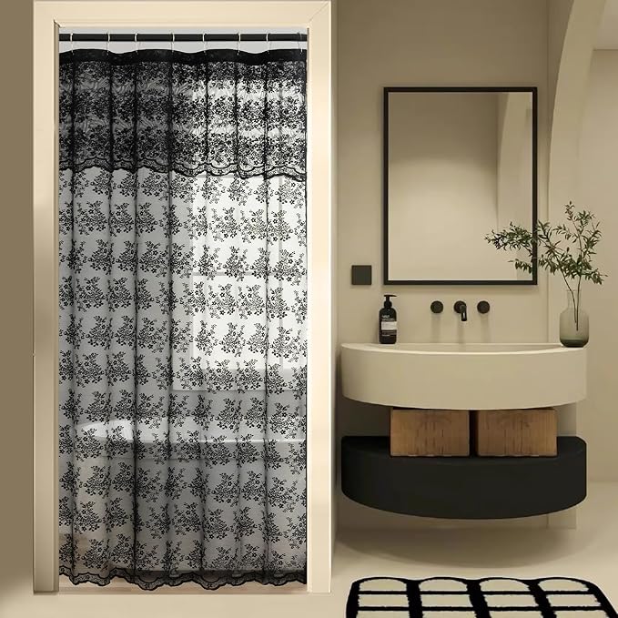 Black Lace Shower Curtain 36x72, Gothic Style for Narrow Shower Stalls | Goth Shower Curtain with Attached Vlance and Scalloped, Floral Lace, Lets in Light for Witchy Victorian Halloween bathrooms