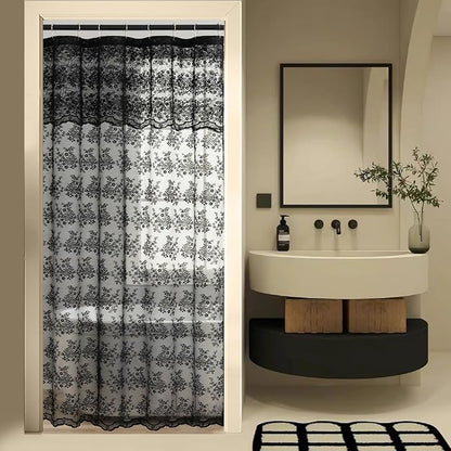 Black Lace Shower Curtain 36x72, Gothic Style for Narrow Shower Stalls | Goth Shower Curtain with Attached Vlance and Scalloped, Floral Lace, Lets in Light for Witchy Victorian Halloween bathrooms