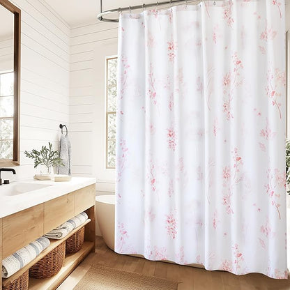 Cute Stall Shower Curtain for Kids Girls Bathroom, Hot Pink Floral Fabric Feminine Beautiful Shower Curtain Set with Hooks 36X72