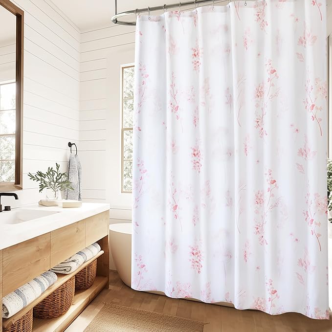 Pink Watercolor Floral Shower Curtain for Bathroom Water Repellent Fabric Drapes with Hooks Sets, 72x84 Inch