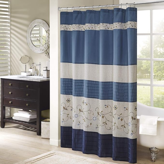 Madison Park Serene Shower Curtain for Bathroom, 72 x 72, Navy | Adds Privacy, Machine Washable, Floral Pattern, OEKO-TEX Certified