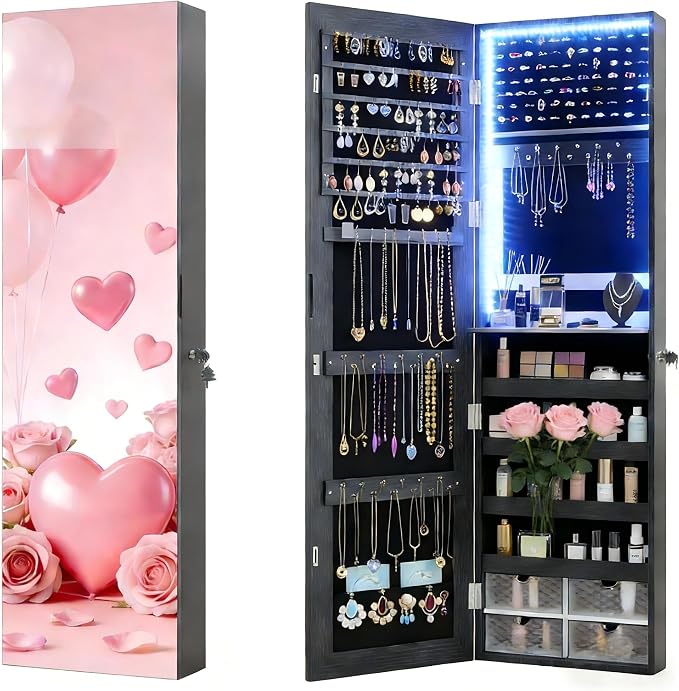 47.2" LED Jewelry Mirror Cabinet, Wall/Door Mounted Jewelry Armoire Organizer with Full Length Mirror, Large Storage Hanging Cabinet, 4 Drawers, 5 Shelves, Built-in Lighted Mirror (Black)