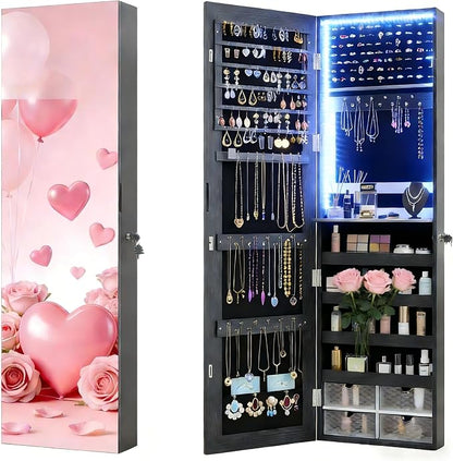47.2" LED Jewelry Mirror Cabinet, Wall/Door Mounted Jewelry Armoire Organizer with Full Length Mirror, Large Storage Hanging Cabinet, 4 Drawers, 5 Shelves, Built-in Lighted Mirror (Black)