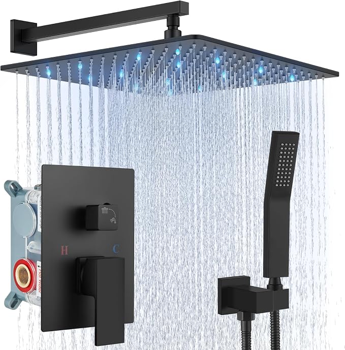 Aolemi Shower Faucet Set with Valve Handheld 16" LED Head Matte Black | Handheld Spray,16 Inch Rain LED Head,Valve and Trim Kit,All Metal,Wall Mount Shower System,Bathroom Mixer