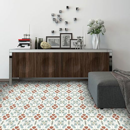 Muted Floral Geometric Peel and Stick Floor Tiles 12x12 Inch 10PCS | Muted teal rust and cream floral geometric pattern vinyl floor stickers for kitchen bathroom entryway and indoor home decor