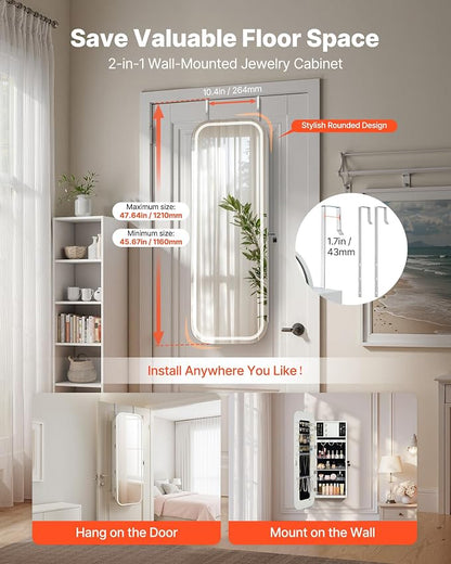 VEVOR LED Mirror Jewelry Cabinet, 42.5-inch Tall, Full-Length Mirror with Storage, Wall Mount/Over the Door Jewelry Armoire Organizer with Lights, Rounded Design, Lockable Door with 2 Keys, White
